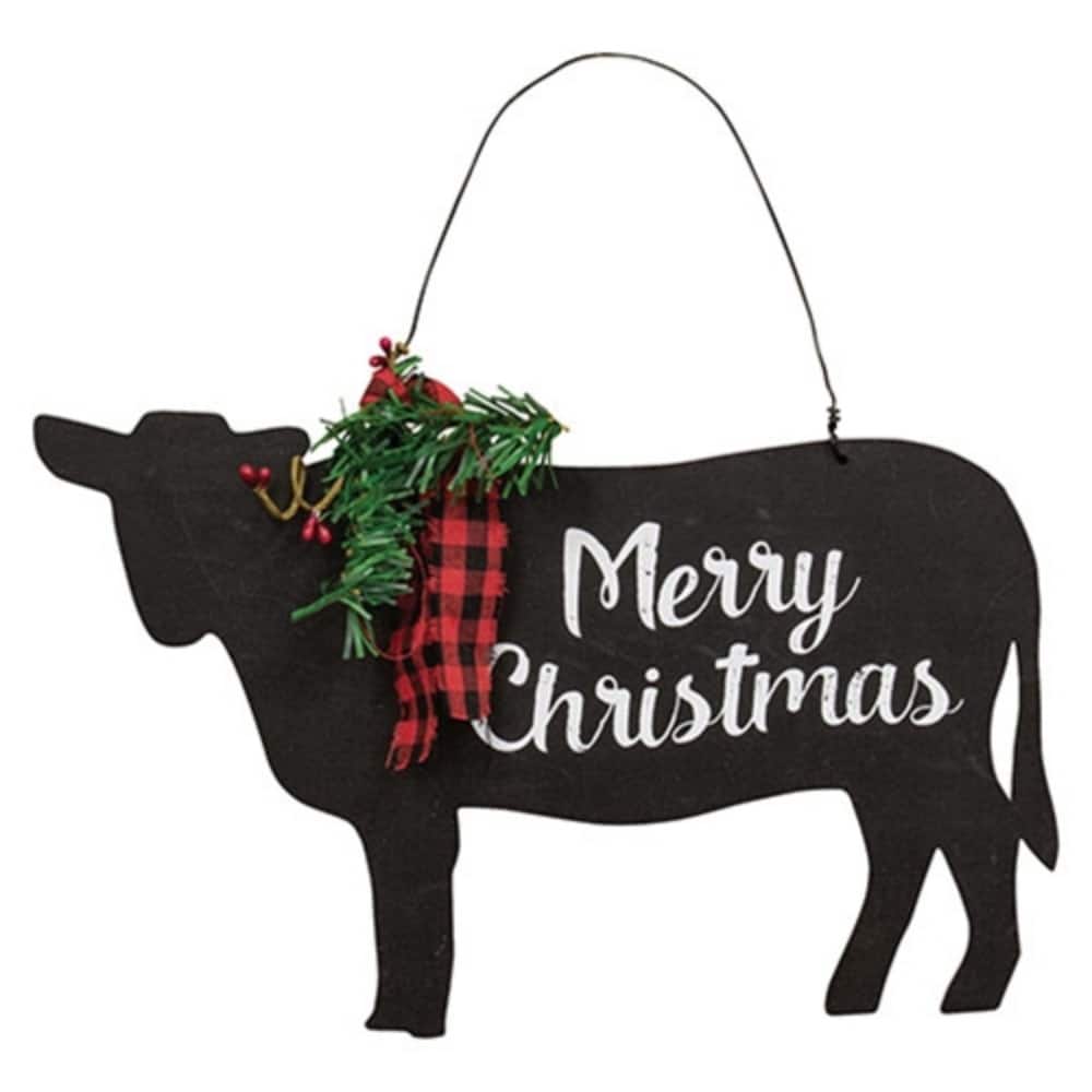 Matte Black Wooden Cow Sign with Merry Christmas Holiday Decor - 8 x 0.25 x 8 in.