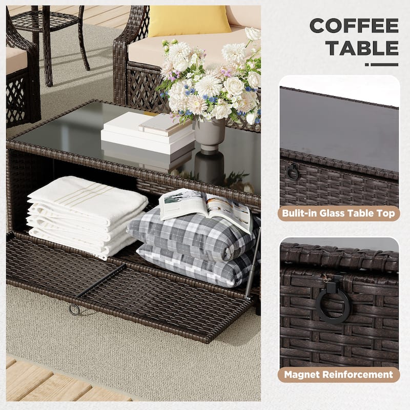 Outdoor Wicker Patio Set w Swivel Chairs & Sofa, Ottomans and Tables, Modular 3/5/6/7-Piece, All-Weather Conversation Set.