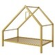 preview thumbnail 7 of 8, Twin Size Metal House Platform Bed Frame with Roof and Chimney for Boys Girls Kids Adults Toddler, No Box Spring Required Gold