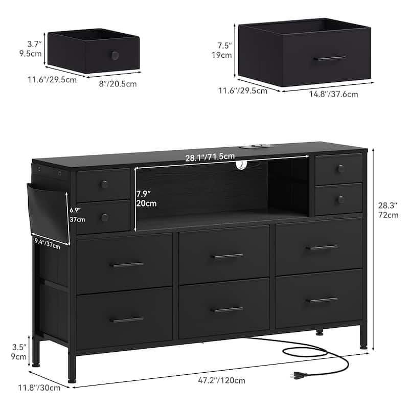 Moasis 10-drawer Dresser Media Console with Charging Station, RGB Lights, Side Pockets & Hooks