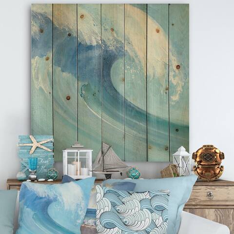 Designart 'Ocean Wave with White Foam' Nautical & Coastal Print on Natural Pine Wood - Blue