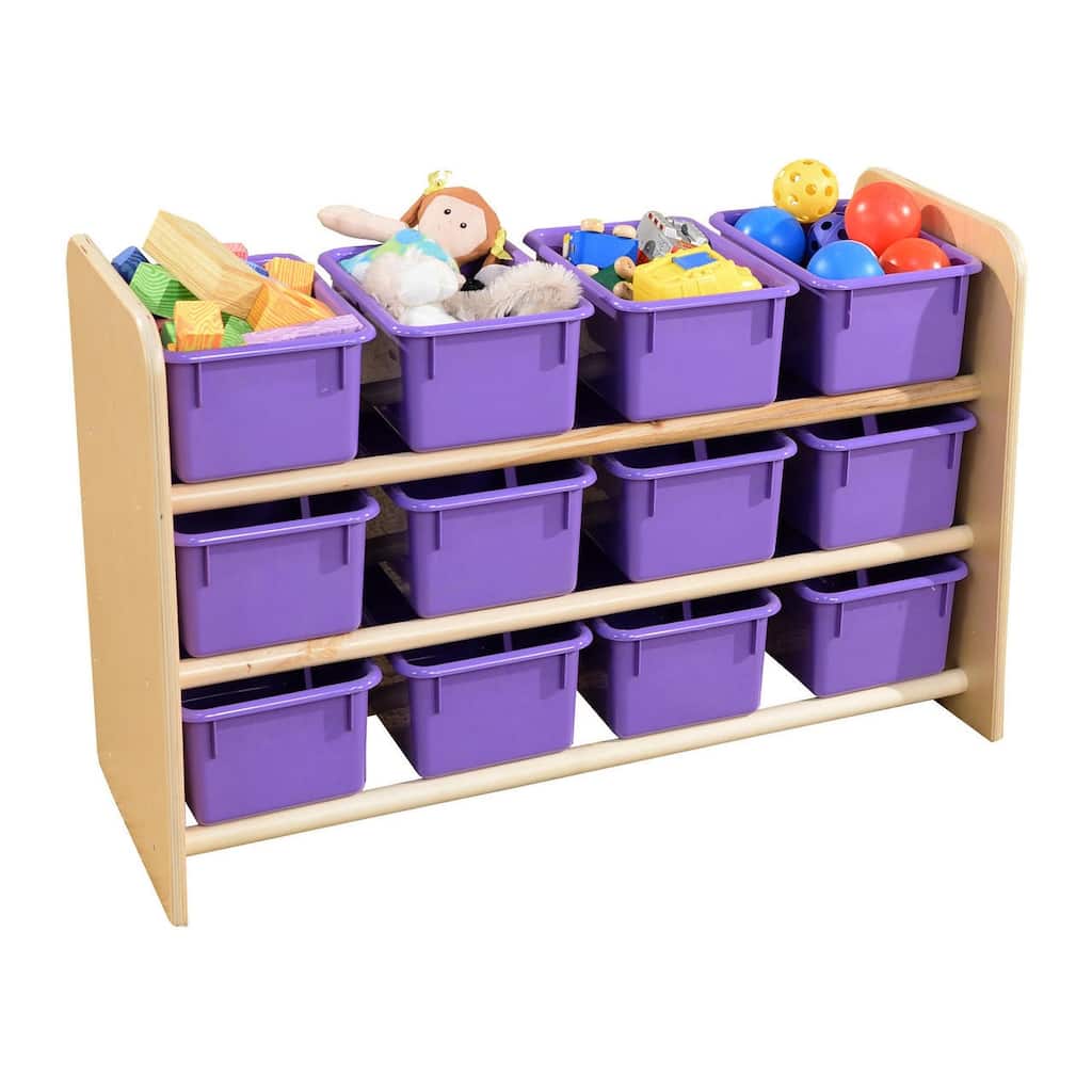 Wood Designs Sturdy 3 shelf Storage Rack with 12 Purple Pastel Color Trays, Birch Wood Storage Organizer Unit - 21"