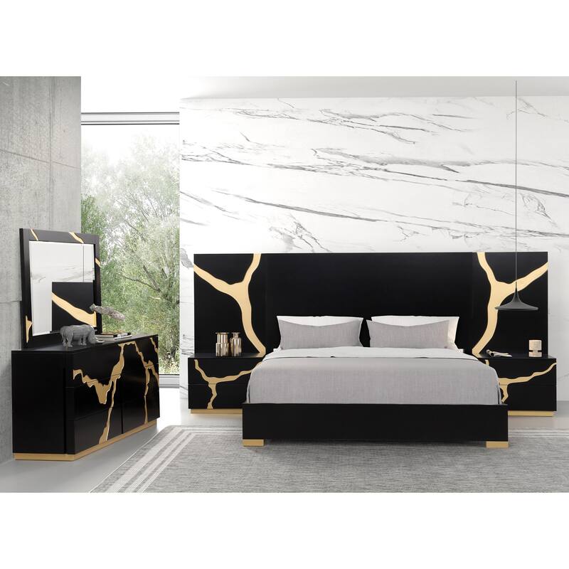 Furniture of America Kismet Modern 5-Piece Black Wood Platform Bedroom Set with Wall Panels - King