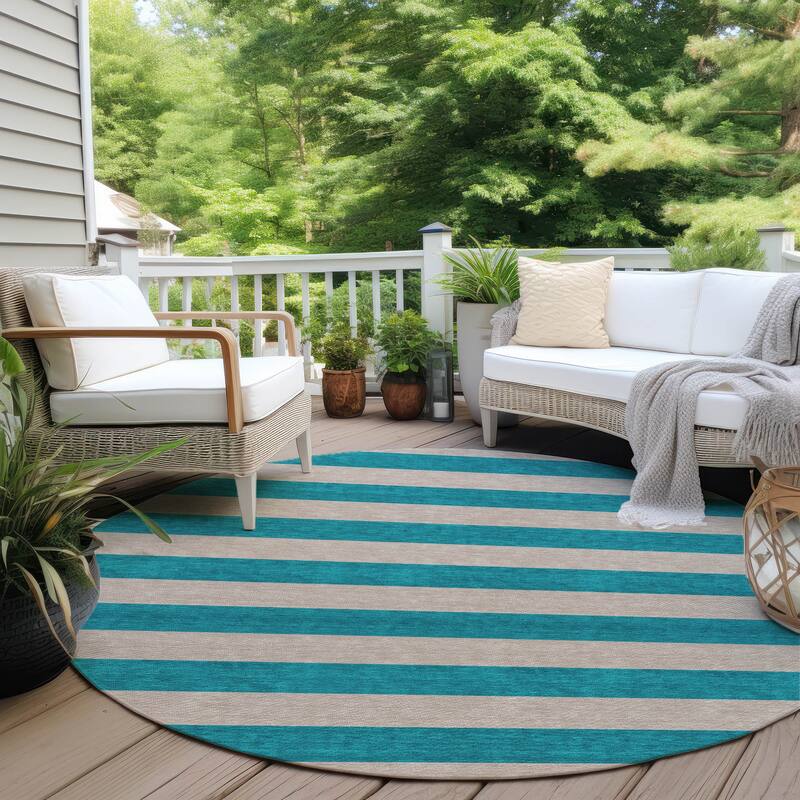 Machine Washable Indoor/ Outdoor Cabana Stripe Chantille Rug - Turquoise - 8' x 8'