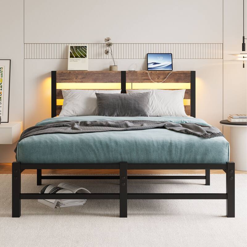 Metal Frame Platform Bed with USB Charging Station