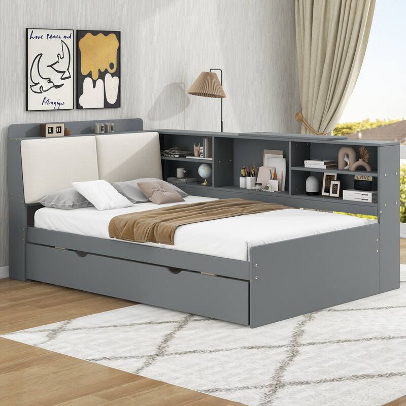 Twin Size Platform Bed with Trundle, Storage Shelves, Headboard with Upholstery, and Space-Saving Rotating Board