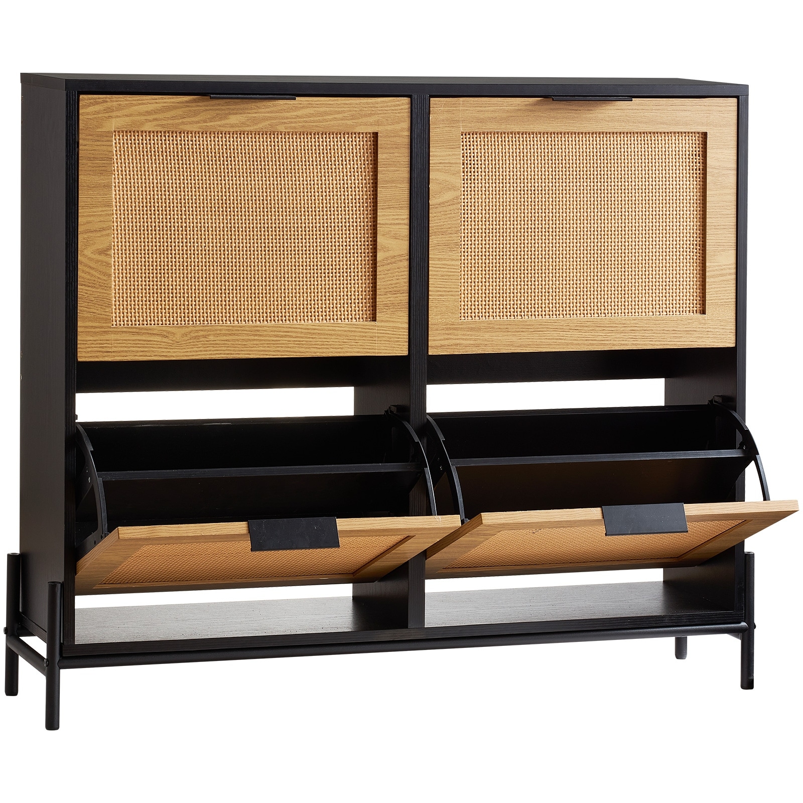 Rattan Shoe Cabinet,Narrow Shoe Storage Organizer with 4 Flip Drawers,Slim Shoe Entryway Storage Cabinet with Metal Legs