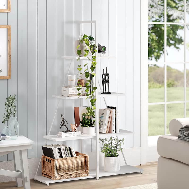 4-Tier A-Frame Ladder Bookshelf, Brown Stylish Ladder Bookcase - White