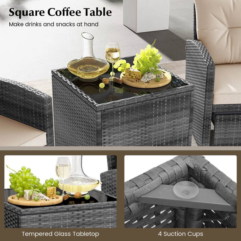 Gymax 5PCS Rattan Furniture w/ 2 Ottomans & Tempered Glass Coffee