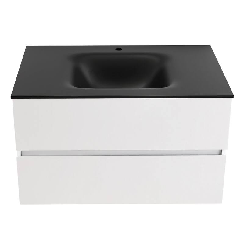 Wall-Mounted Bathroom Vanity Set in White with Black Quartz Top and Integrated Sink