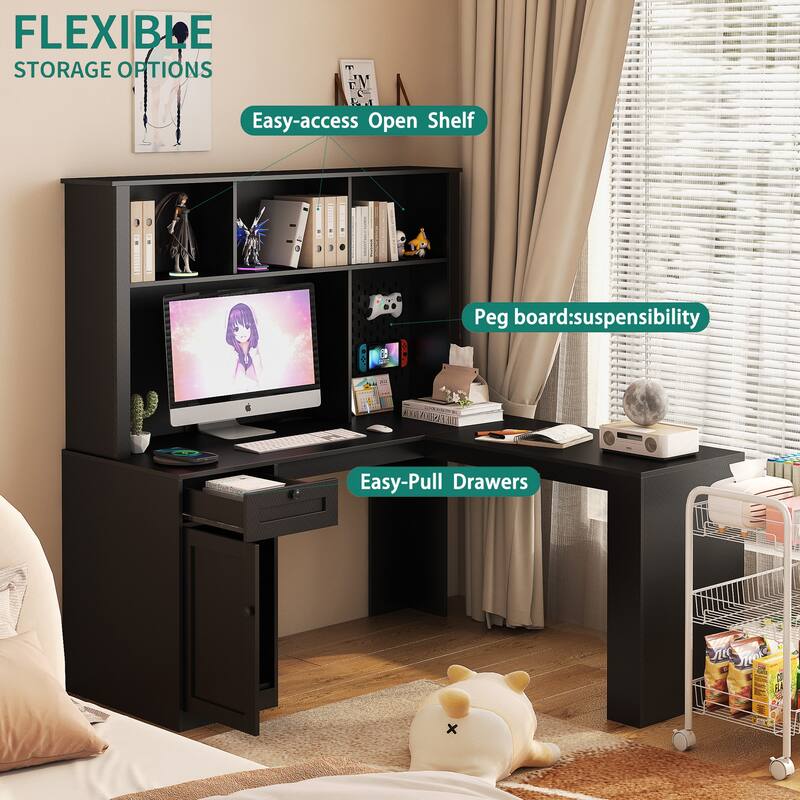 Roomfitters Modern L Shaped Computer Desk with Charger, Corner Desk with Drawers & Bookshelf, Hutch Pegboard Workstation, Black