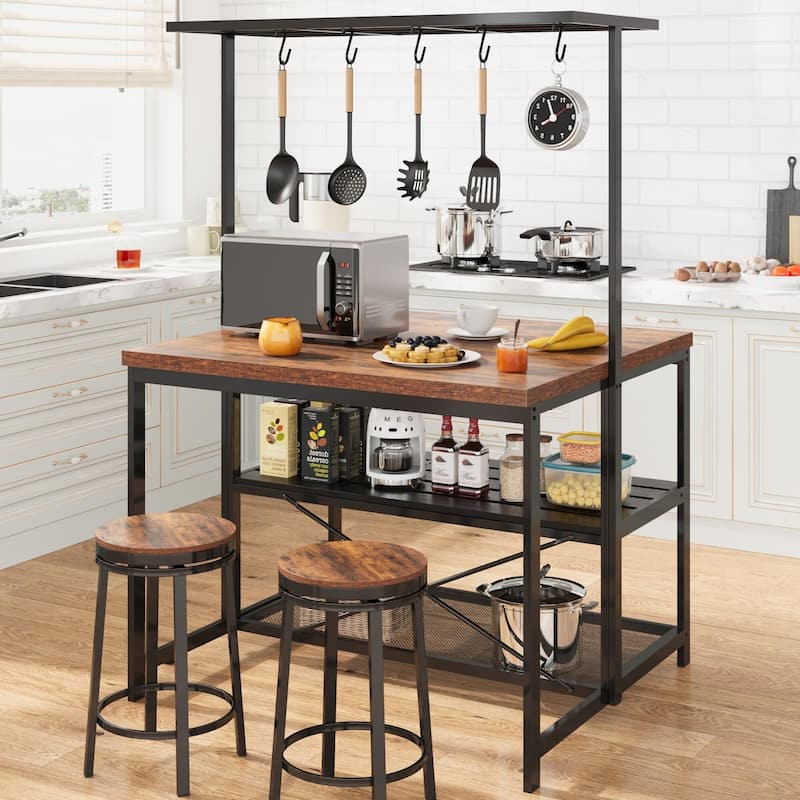 42"/48" Kitchen Island with Storage & Seating - 3-Tier Bakers Rack, Microwave Stand, Dining Table for 4