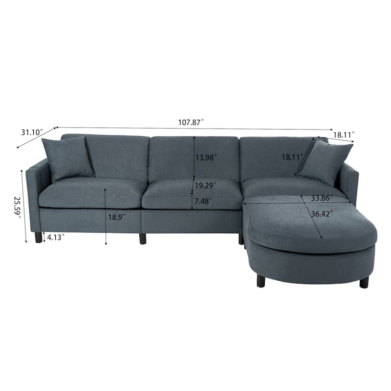 Modern Fabric Sofa with Storage Armrest, Movable Ottoman, and Durable Frame - 3 Seat Couch