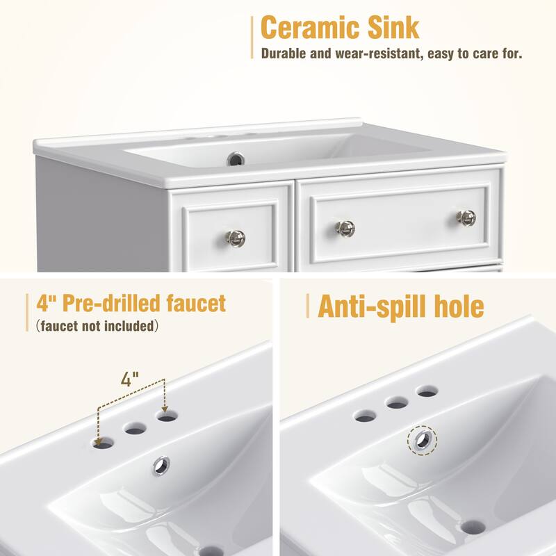 24" Bathroom Vanity Cabinet with Ceramic Sink, 2 Drawers & Door, White