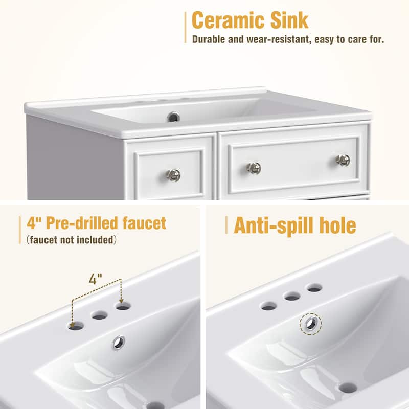 GDFStudio - Luna Wood & Ceramic 24" Bathroom Vanity Cabinet with Drawers & Door