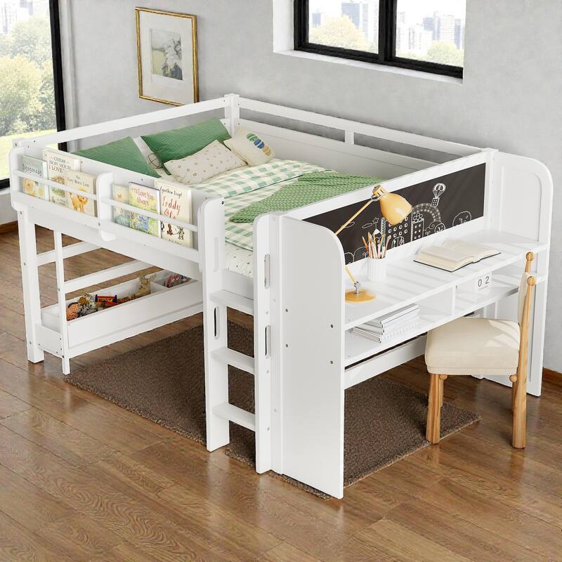 Low Loft Bed with Desk, Storage Bookcases, Drawers & Boxes, Solid Wood Kids Loft Bed with Blackboard Shelf