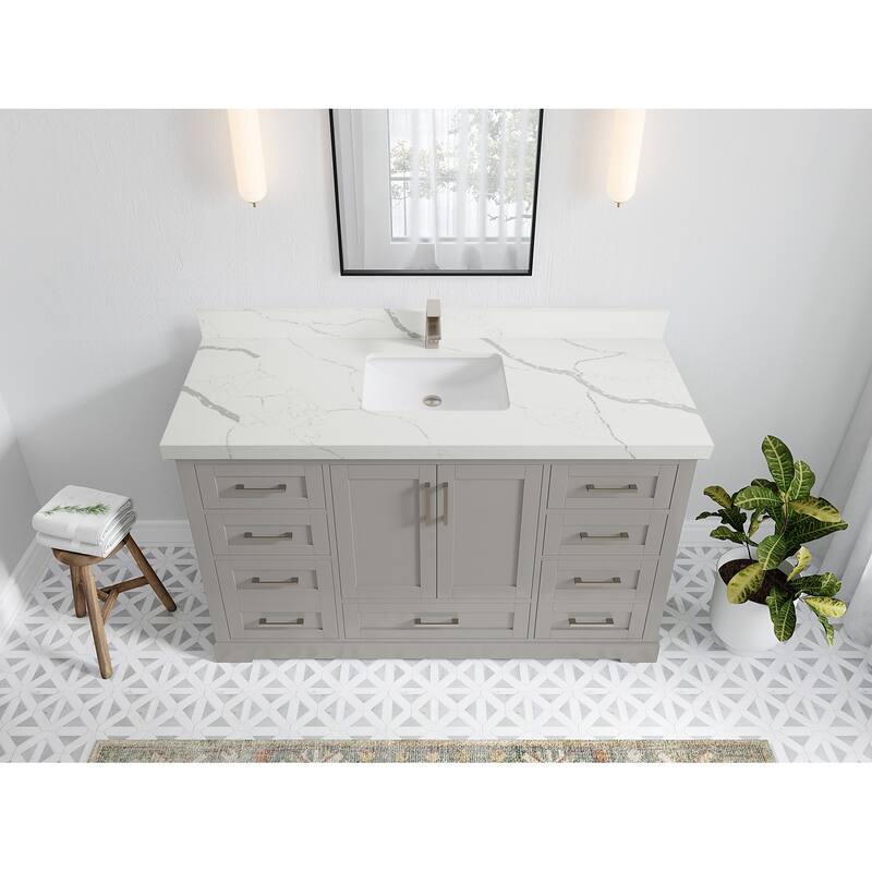 Willow Collection 60 in W x 22 in D x 36 in H Boston Single Bowl Sink Bathroom Vanity with Countertop - 2"Calacatta Laza - Elephant Gray