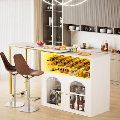 Folding Kitchen Island with Cabinet, Counter Table with Charge Station