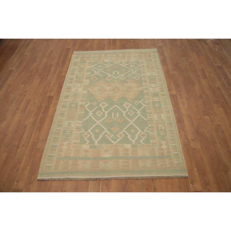 Hand Woven Oriental 100% Wool Carpet Southwestern Tribal Green Kilim Area Rug - 5' 10'' X 3' 10''