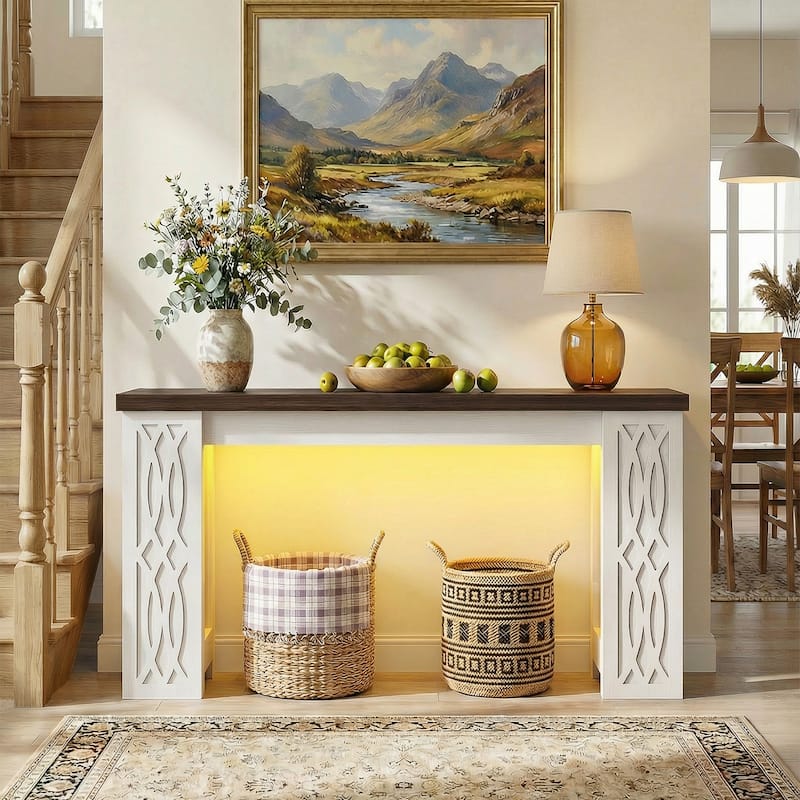 47" Farmhouse Console Table with RGB LED Light ＆ Power Outlets, Unique Carved Design Farmhouse Entryway Table Sofa Table