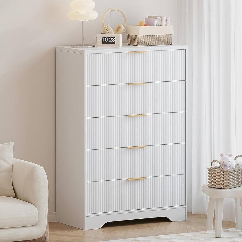 5 Drawers Fluted Dresser Storage Organizer for Bedroom, Living Room, Hallway - White