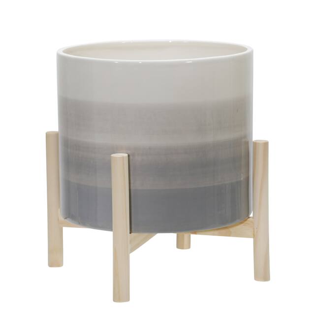 12" Ceramic Planter with Wood Stand, Beige Mix 12"H - 10.0" x 10.0" x 12.0"