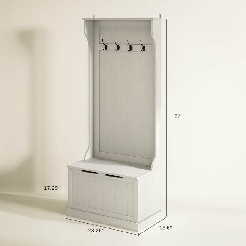 Multifunctional Hall Tree with Storage Bench, Coat Hooks & Shoe Storage MDF Wood Steel Hardware - 28.25" W x 15.5" D x 67" H
