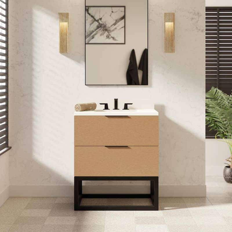 KitchenBathCollection Mia 30" Bathroom Vanity with Matte White Top - Blonde