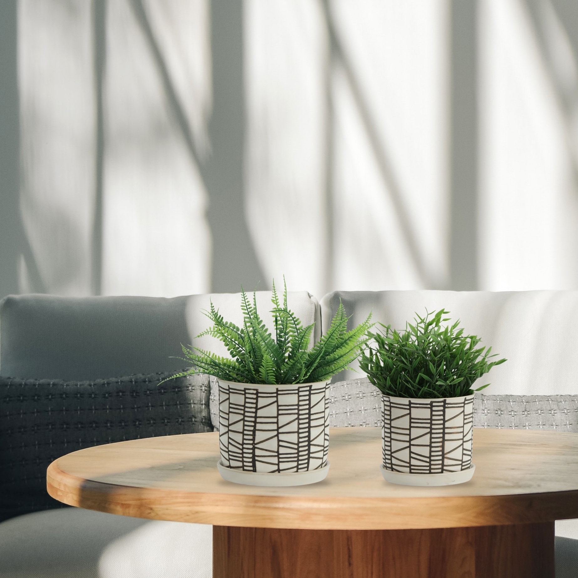 Textured Round Ceramic Planters with Saucer - Set of 2, 8",6"
