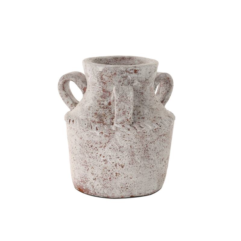Cream Ceramic Antique Style Textured Decorative Vase with Arched Handles