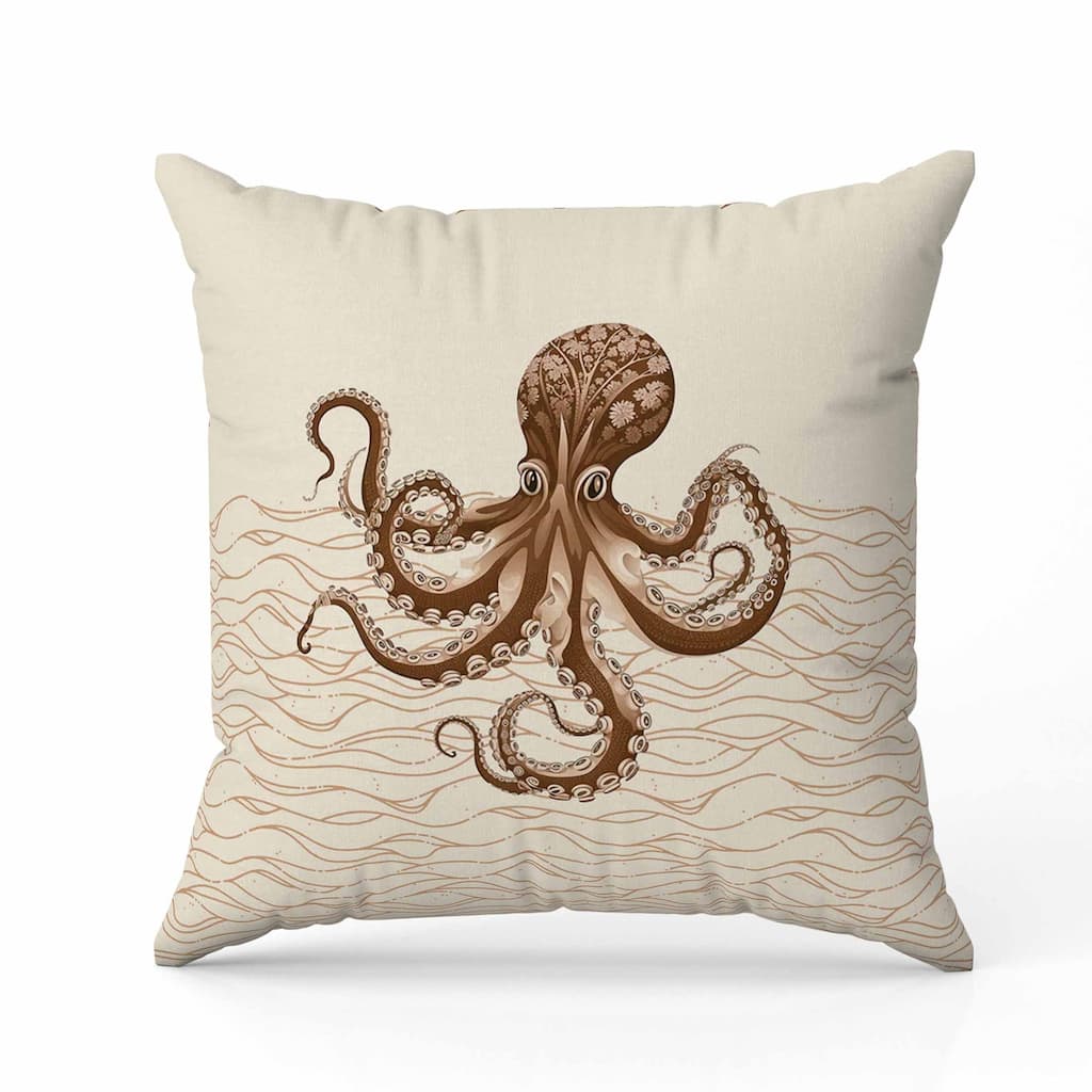 Oceanic Octo Art Faux Suede Reversible Throw Pillow Cream and Coffee