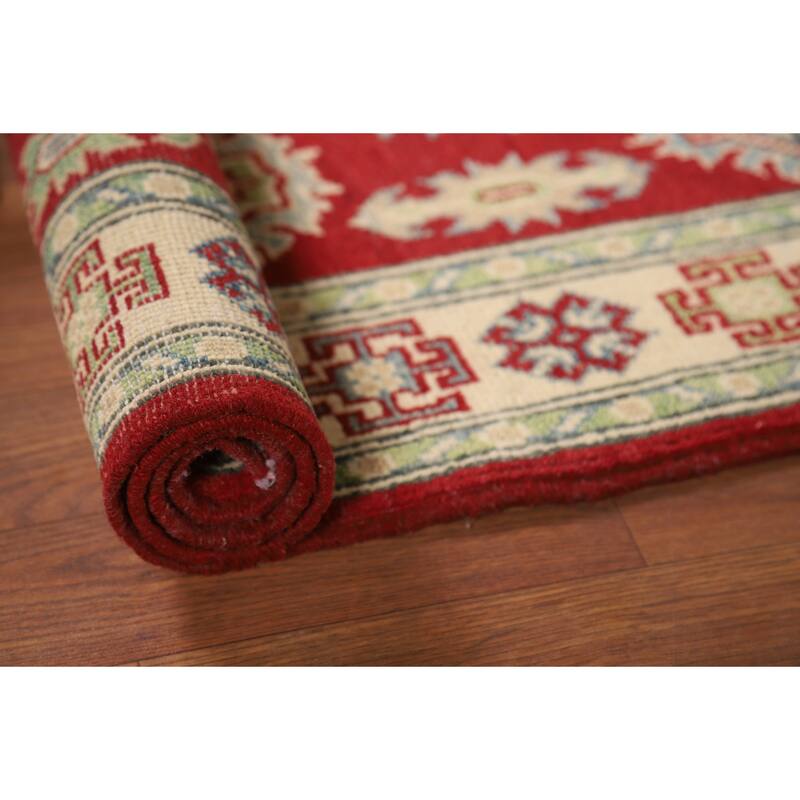 Kazak Foyer Rug Handmade Red Geometric Wool Carpet - 2'8"x 4'0"