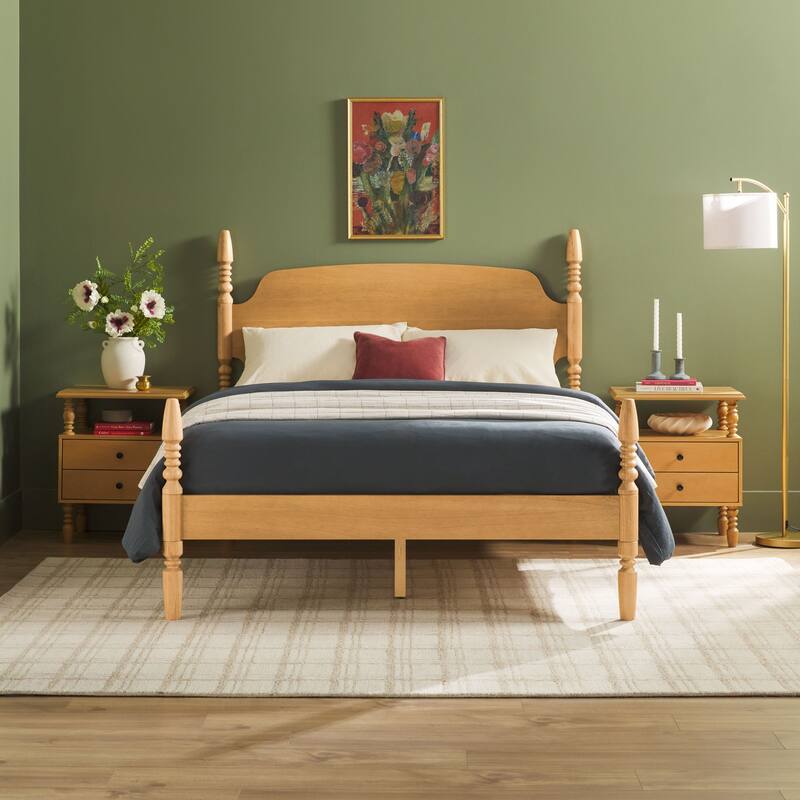 Walker Edison Spindle Queen Bed with 2-Drawer Nightstands Bedroom Set - Natural