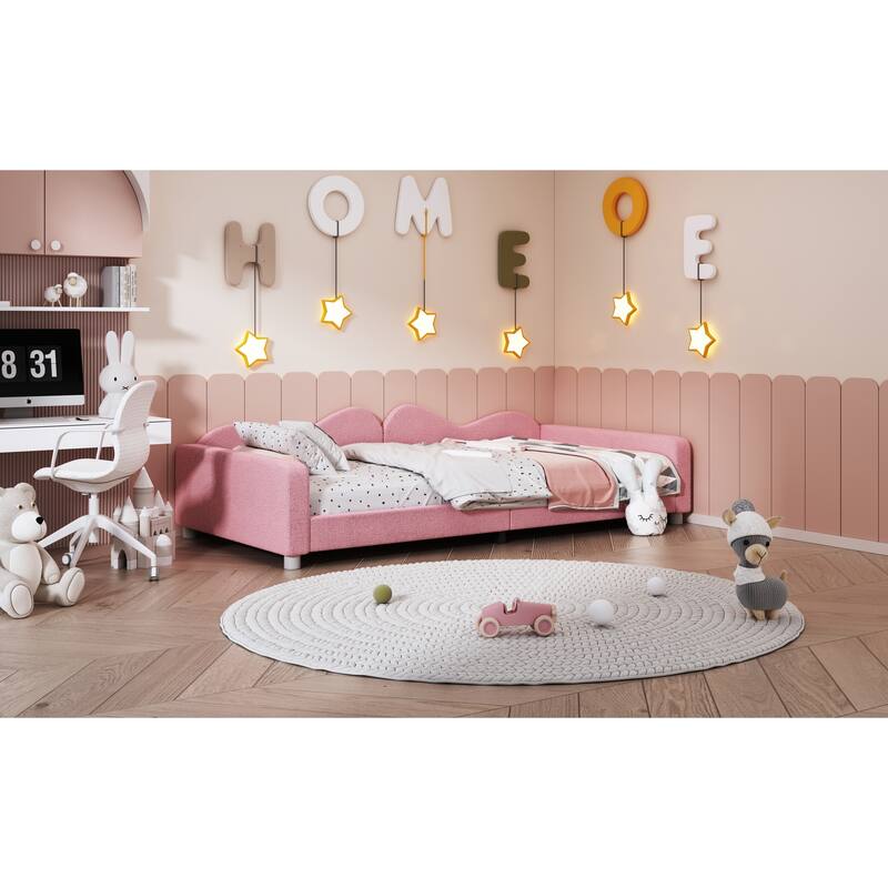 Pink Twin Size Sherpa Fabric Upholstered Daybed with Cloud Backrest