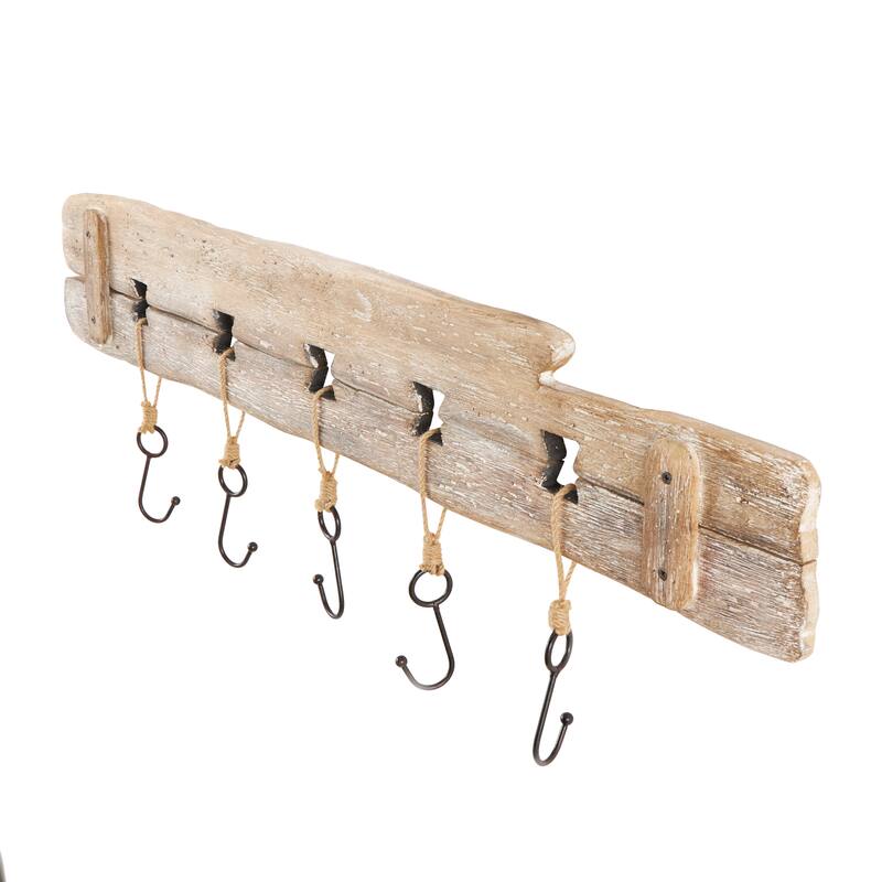 Wood Handmade Whitewashed Live Edge Wall Hook with 5 Hanger Fish Hooks - Brown - Roche River Decor - 1"W x 39"L x 13"H