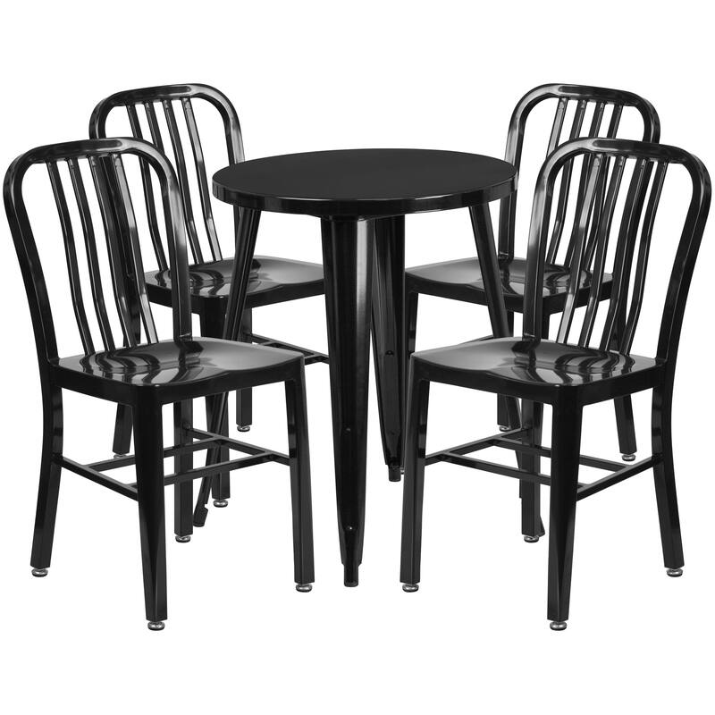 24'' Round Metal Indoor-Outdoor Table Set with 4 Vertical Slat Back Chairs - Black