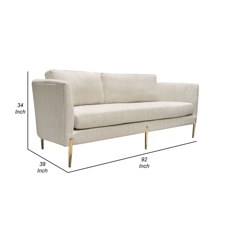 Meny Modern Sofa, Light Cream Textured Fabric, 92 Inch Gold Metal
