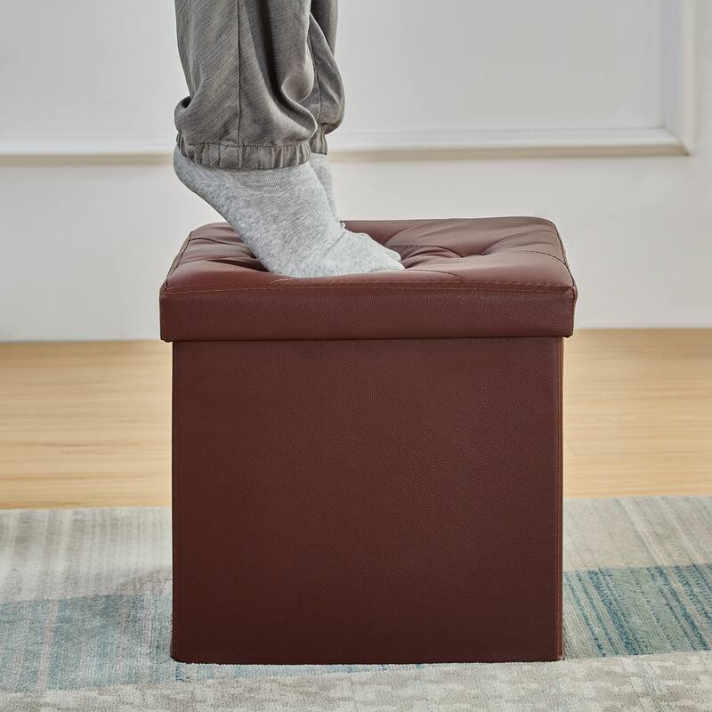 VECELO Folding Storage Ottoman, Bedroom Storage Bench, Versatile Footrest Footstool Tufted Faux Leather Chest for Living Room