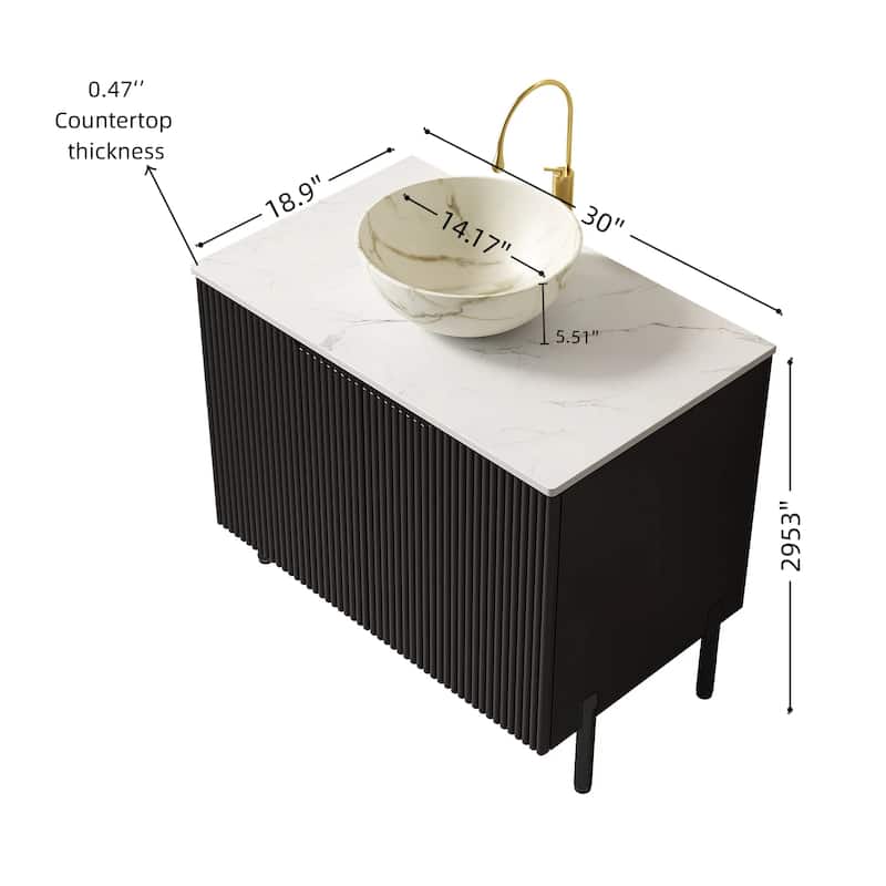30" Bathroom Vanity with Sink, Freestanding Bathroom Storage Cabinet with 2 Doors, White Bowl Ceramic Basin with Stone Pattern