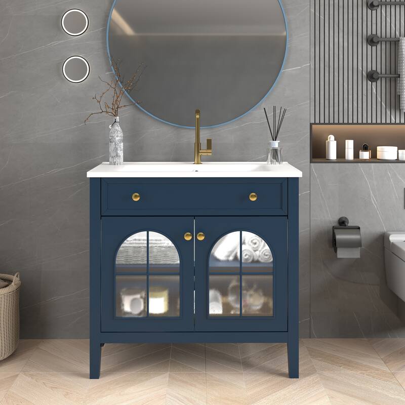 35.6" Mid-Century Bathroom Vanity Sink with Patterned Glass & Motion-sensor Light Strip, Freestanding - Blue
