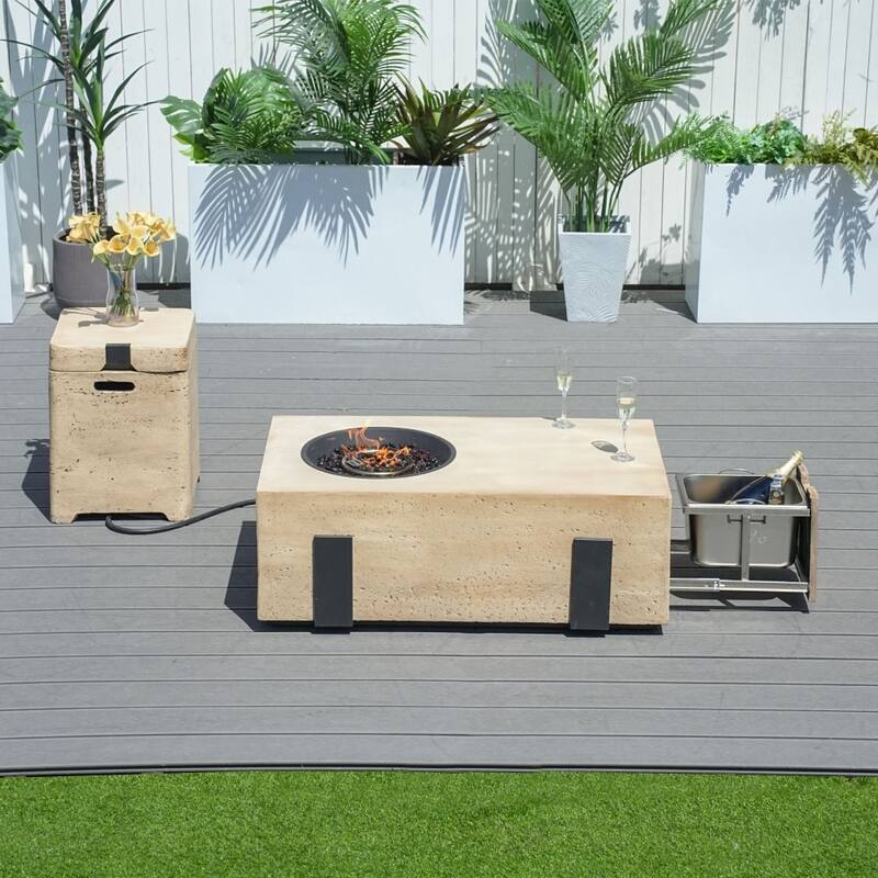 Outdoor Fire Pit Table with Ice Bucket and Gas Side Tank - Brown