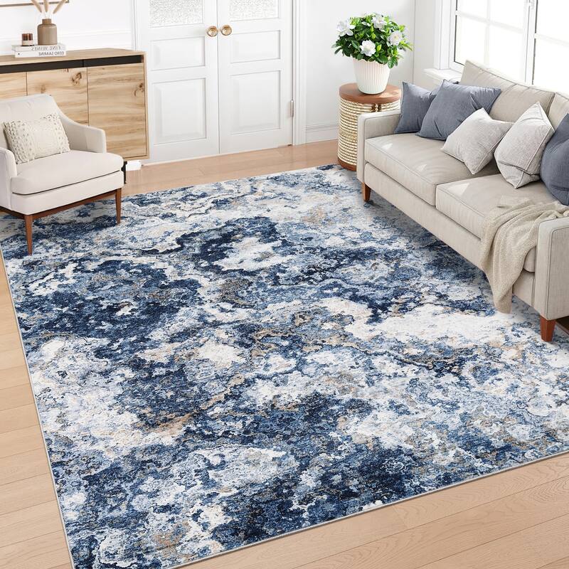 Machine Washable Area Rugs for Living Room, Modern Abstract Bedroom Rug, Low Pile Non-Slip Carpet - 10'x13' - Blue