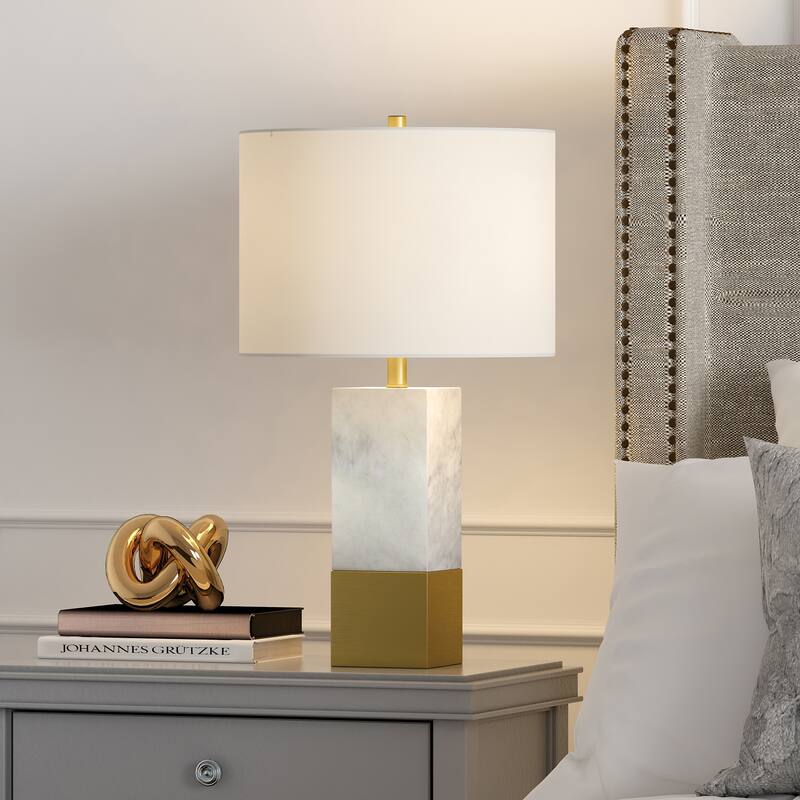 Lena Table Lamp in Carrara Style Marble and Brass with Linen Shade