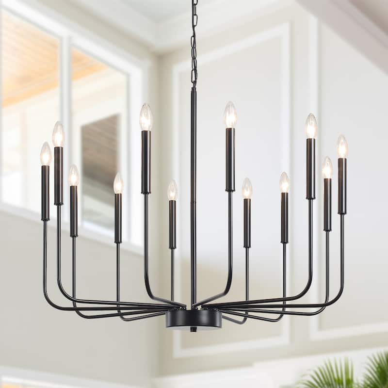 12-Light W32.08" x H70.07" Rustic Candle Chandelier for Dining Room Bedroom - Black
