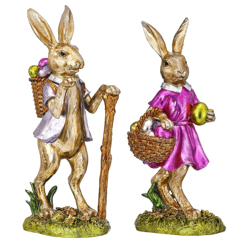 10"Resin Vintage Foil Boy And Girl Bunny Set of 2