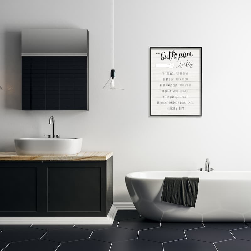 Stupell Bathroom Rules Toilet Paper Sign Country Plank Pattern Framed Wall Art - Black