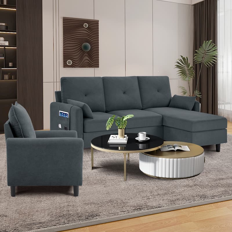 3-Pieces Sectional Sofa Set with Ottoman and Chair