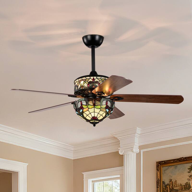 Inio 5-Blade Lighted Ceiling Fan 2-Tier Tiffany Style Glass