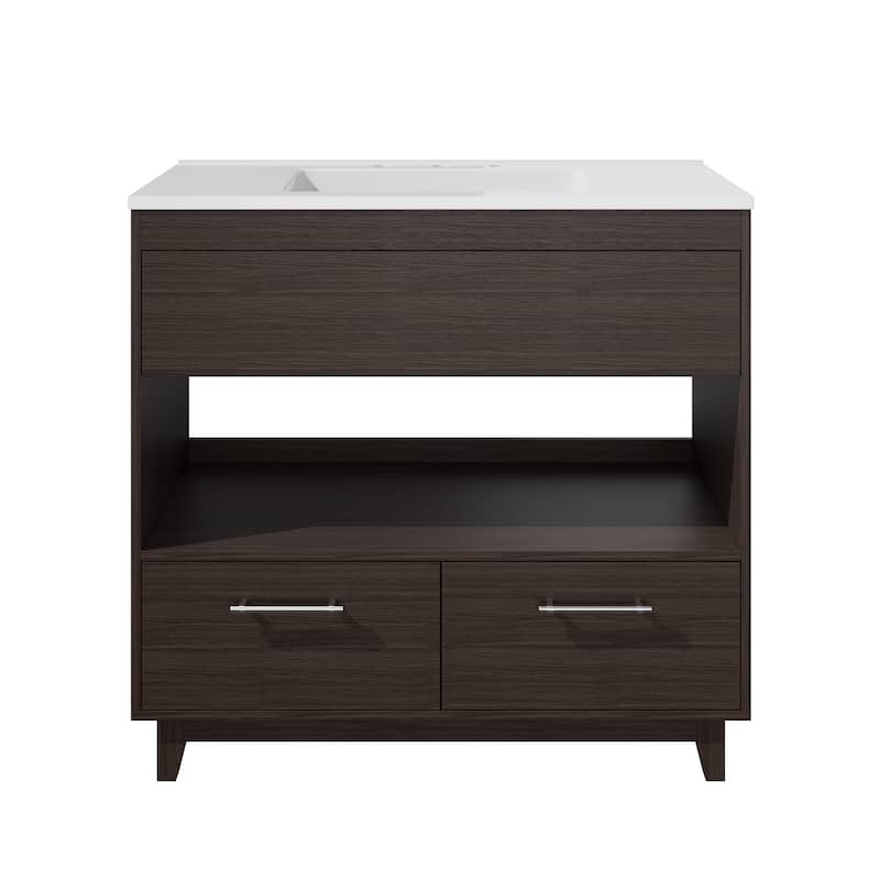 36-in Undermount Single Sink Bathroom Vanity with White Polymarble Top - Brown