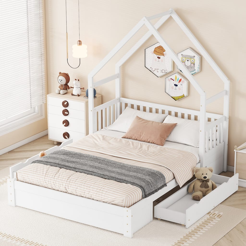 Queen Size House Platform Bed with Guardrail & 2 Storage Drawers